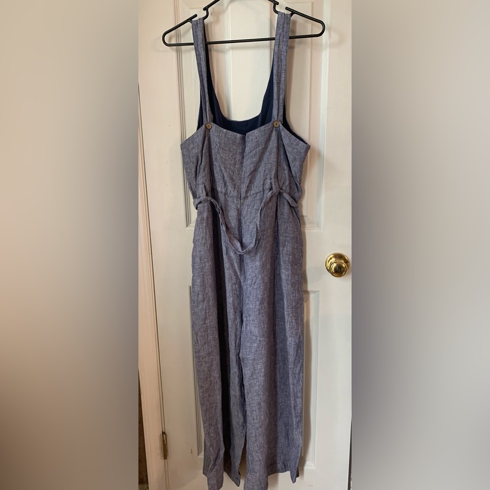 Rachel Zoe Blue Chambray 100% Linen Jumpsuit Wide Crop Leg Size 10